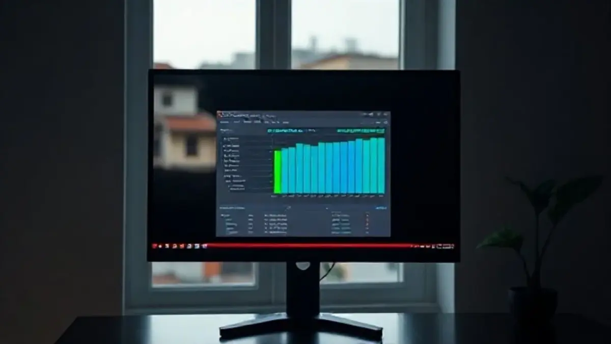 Teste de benchmark em placa de vídeo com favela brasileira ao fundo. Avaliação de desempenho.