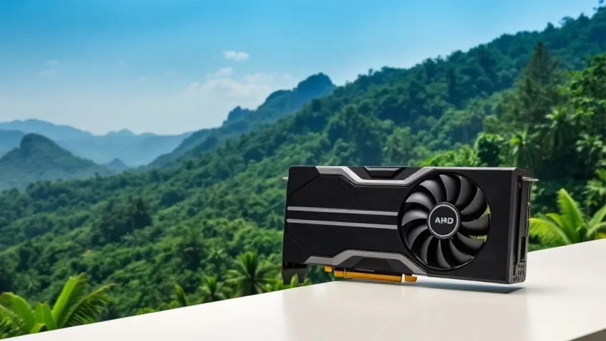 Placa de vídeo AMD Radeon RX 7900 XTX com paisagem da Amazônia ao fundo.