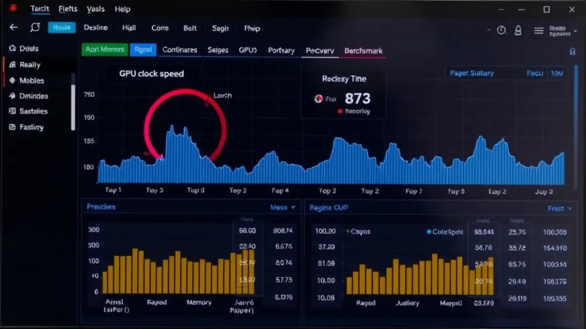 Software de benchmark mostrando clock e velocidade da memória da GPU.