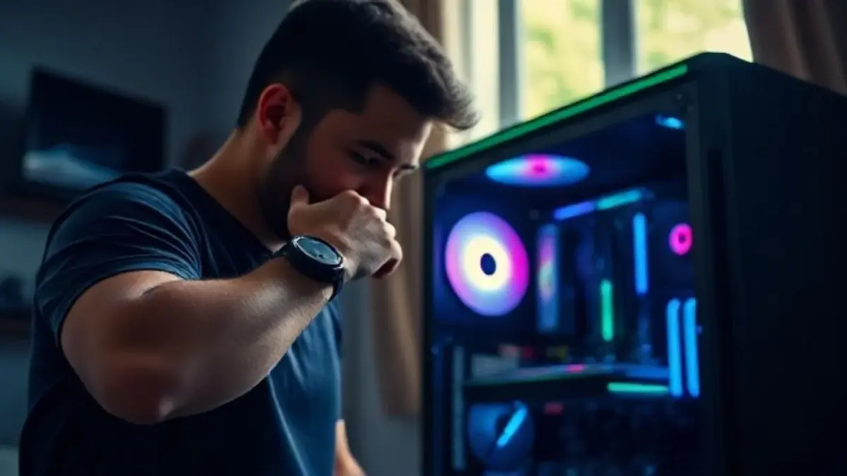 Gamer brasileiro instalando placa de vídeo com pulseira antiestática. Segurança em primeiro lugar.