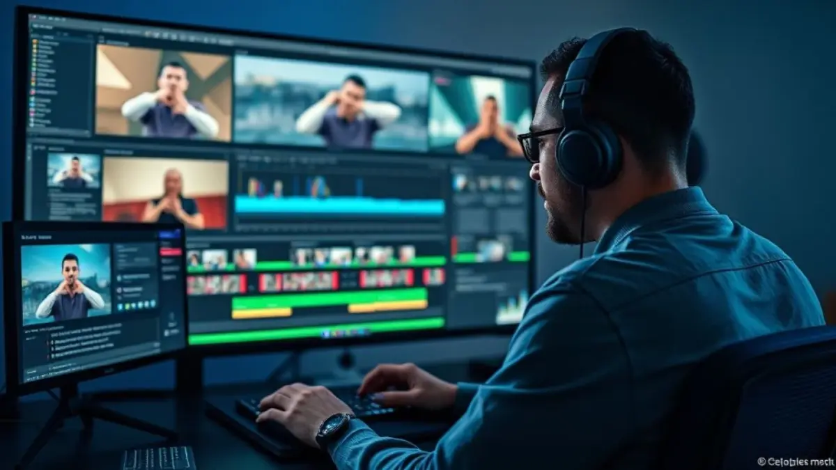 Editor de vídeo brasileiro trabalhando em projeto 8K com timeline complexa.