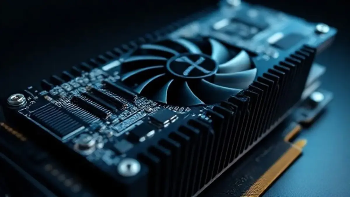 Placa de vídeo moderna para edição de vídeo, detalhes dos circuitos e refrigeração.