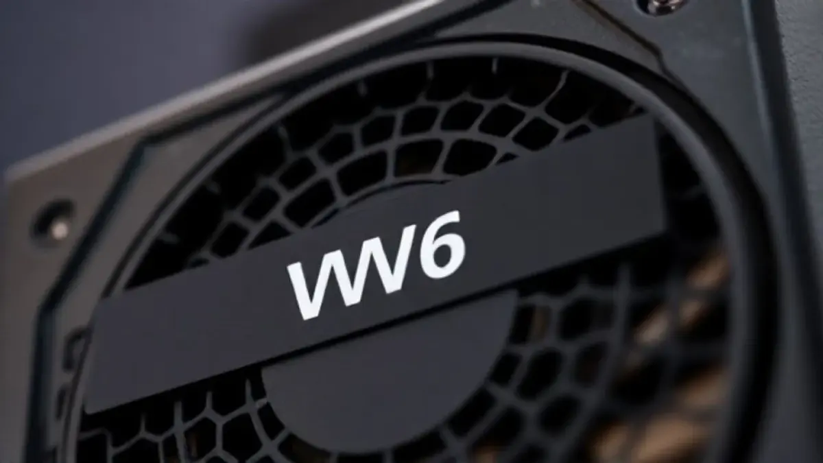 Fonte de alimentação de PC gamer. Detalhe da etiqueta de potência. Componente essencial.