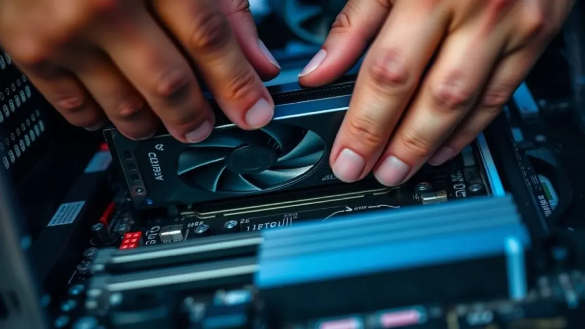 Instalação de placa de vídeo em PC gamer. Detalhe do encaixe no slot PCIe. Mãos de técnico brasileiro.