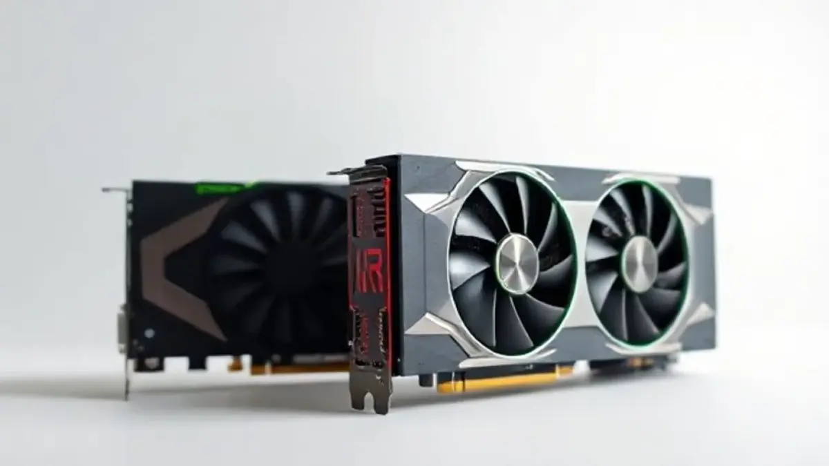 Close-up of NVIDIA RTX 5070 and AMD Radeon RX 8700 XT GPUs side-by-side, professional product GPUs RTX 5070 e RX 8700 XT lado a lado: a batalha pela performance