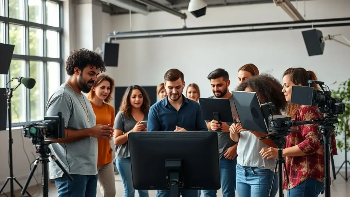 Equipe de edição de vídeo trabalhando em estúdio moderno no Brasil.