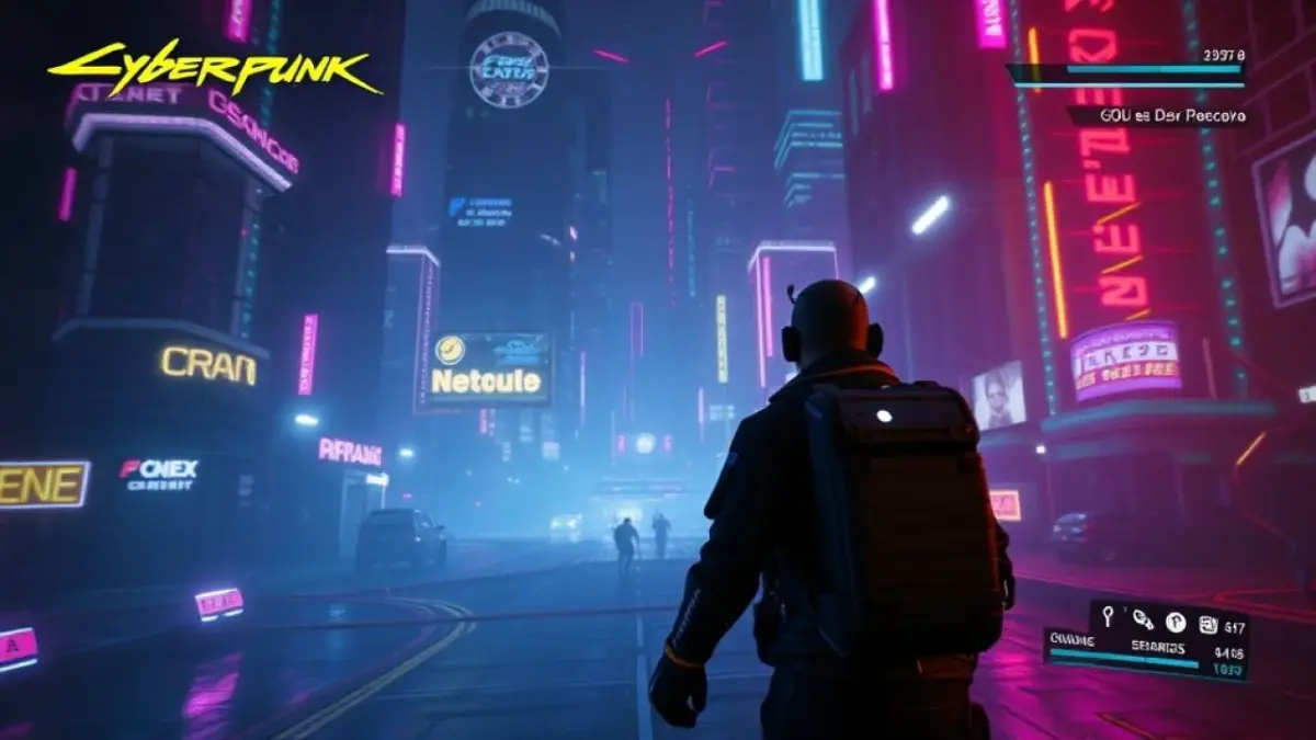 Screenshot de Cyberpunk 2077 em 1080p com detalhes gráficos impressionantes.