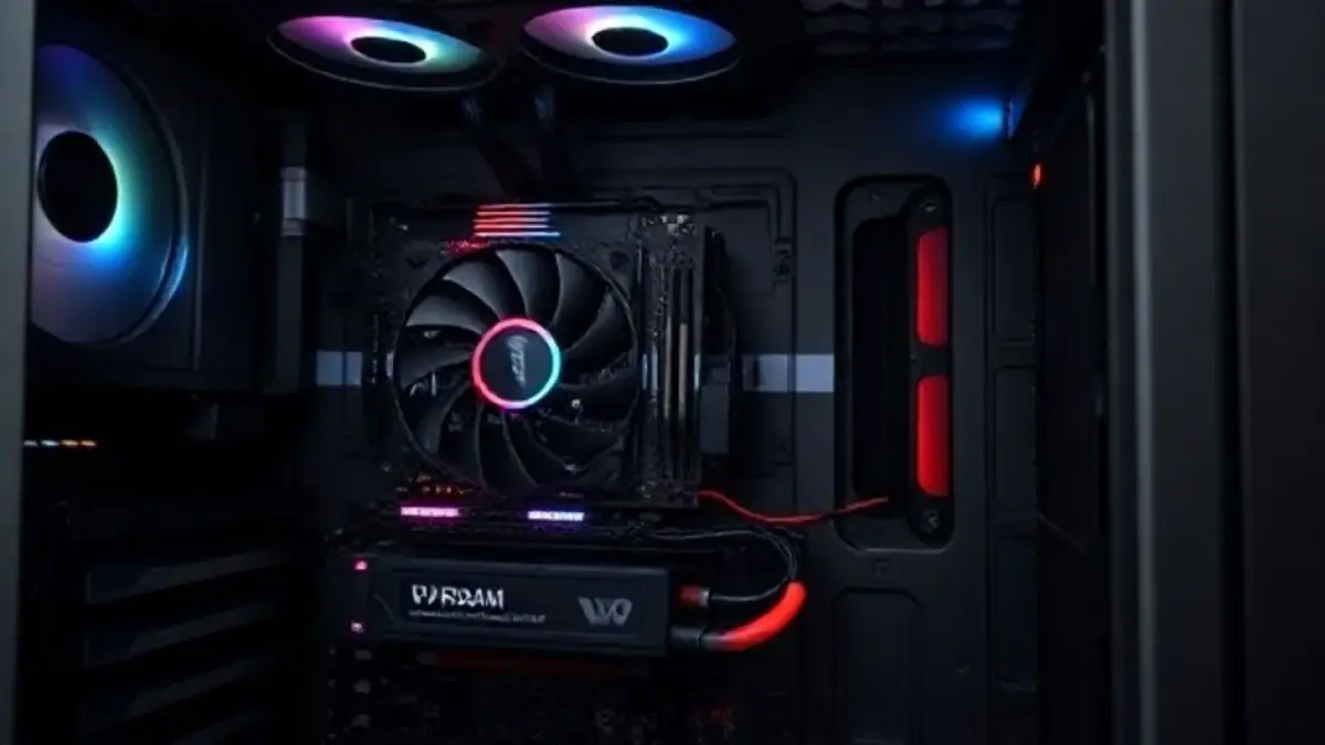 Gaming PC interior showcasing a high-end GPU with visible VRAM chips and cooling system, Interior de PC gamer: GPU high-end com VRAM e resfriamento otimizado