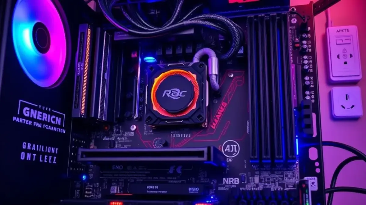 Componentes internos de um PC gamer: placa-mãe, RAM, GPU e cooler.