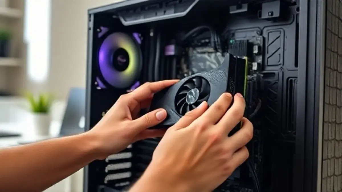 Hands installing a new GPU into a PC motherboard inside a modern Brazilian home office, Instalando GPU em PC: upgrade gamer no escritório em casa no Brasil