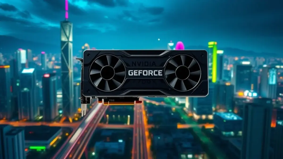Placa de vídeo Nvidia RTX 4090 em cenário urbano futurista brasileiro.