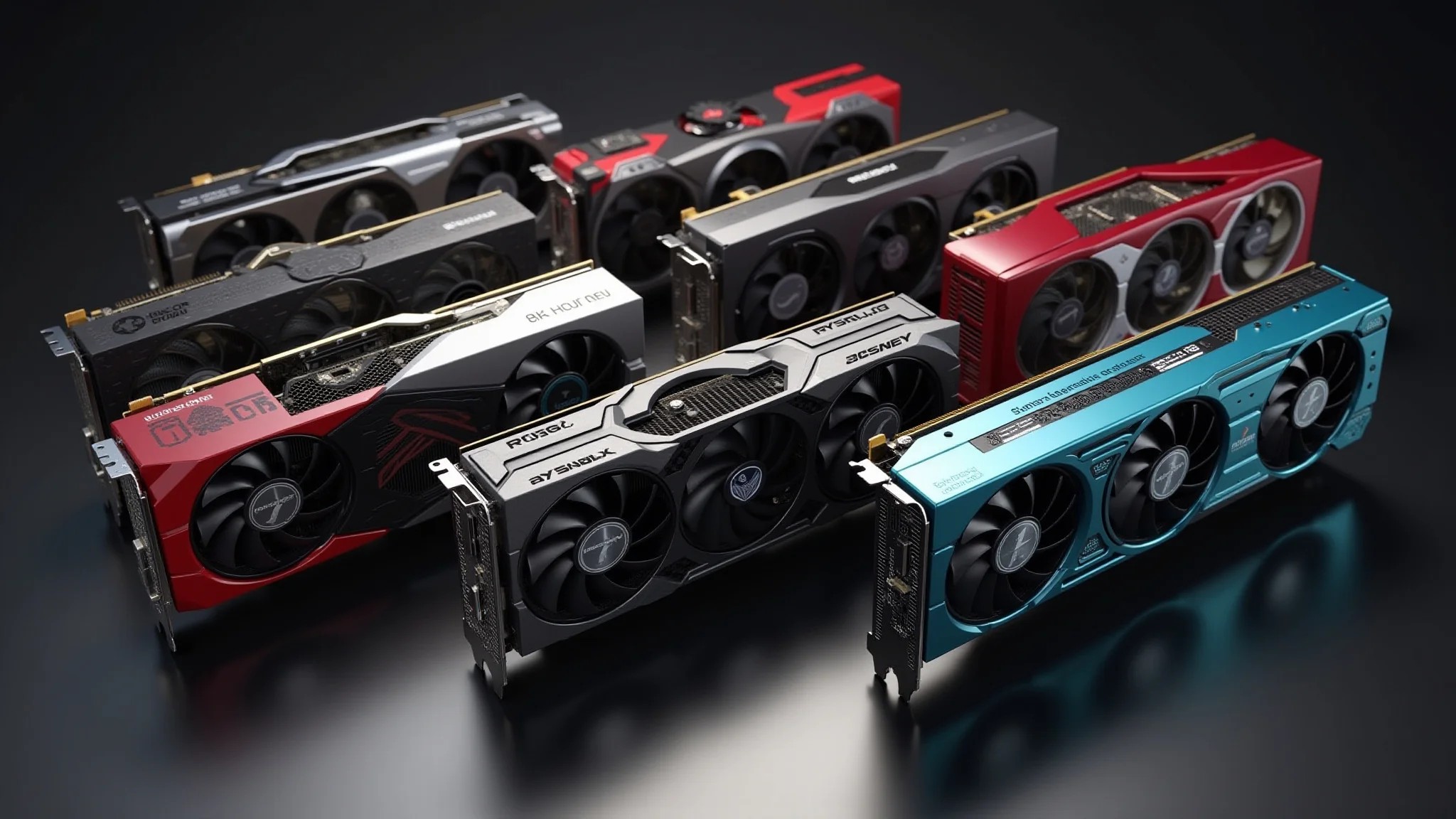 Imagens de diferentes placas de vídeo com suas especificações.