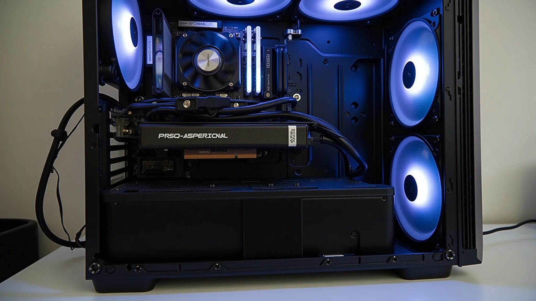 Setup de computador otimizado com placa de vídeo de alta performance.