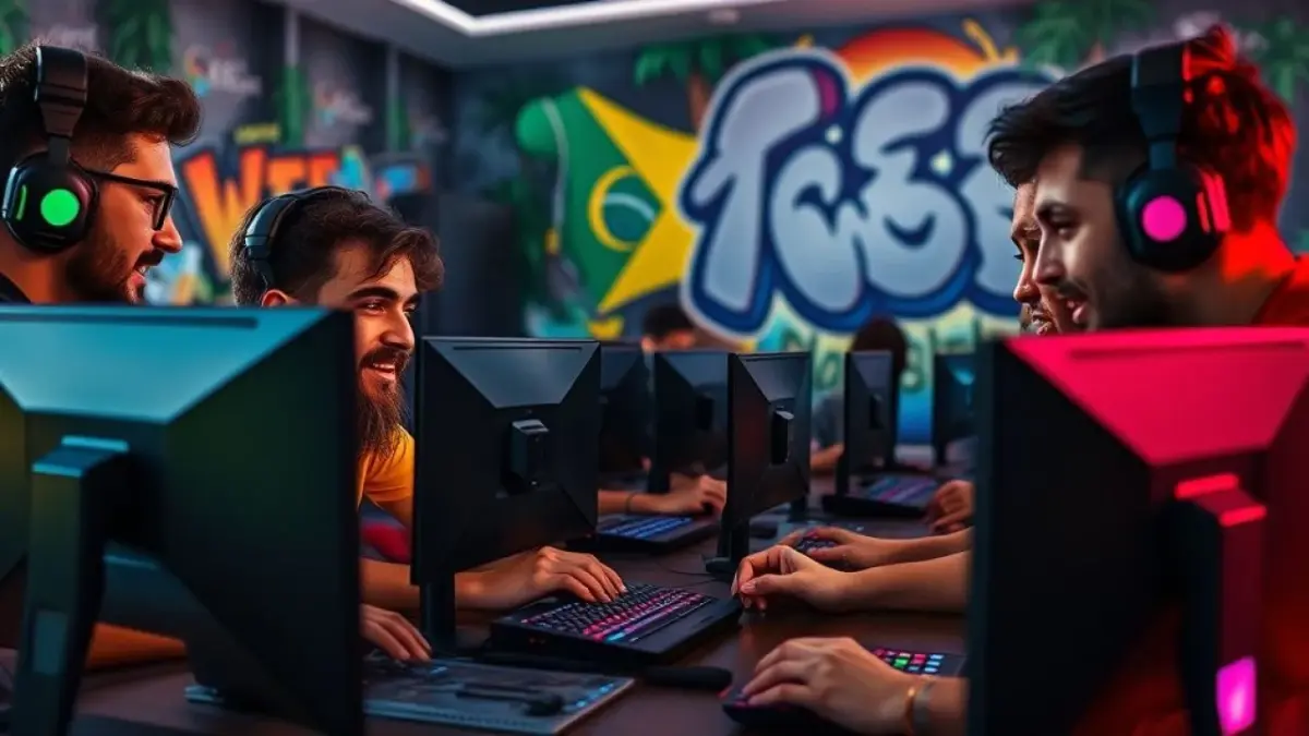 A diverse group of Brazilian gamers playing a high-fidelity online game using Wi-Fi 7 connected Grupo diverso de gamers brasileiros jogando online com Wi-Fi 7 de alta velocidade.