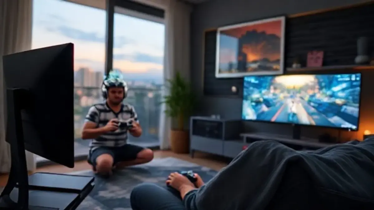 Gamer jogando um jogo com gráficos ultra-realistas em um apartamento moderno.