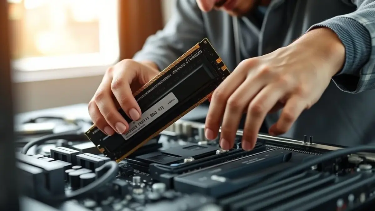 Brazilian computer technician carefully installing RAM modules on a Z890 motherboard, professional Técnico instalando memória RAM em placa-mãe Z890, montagem PC