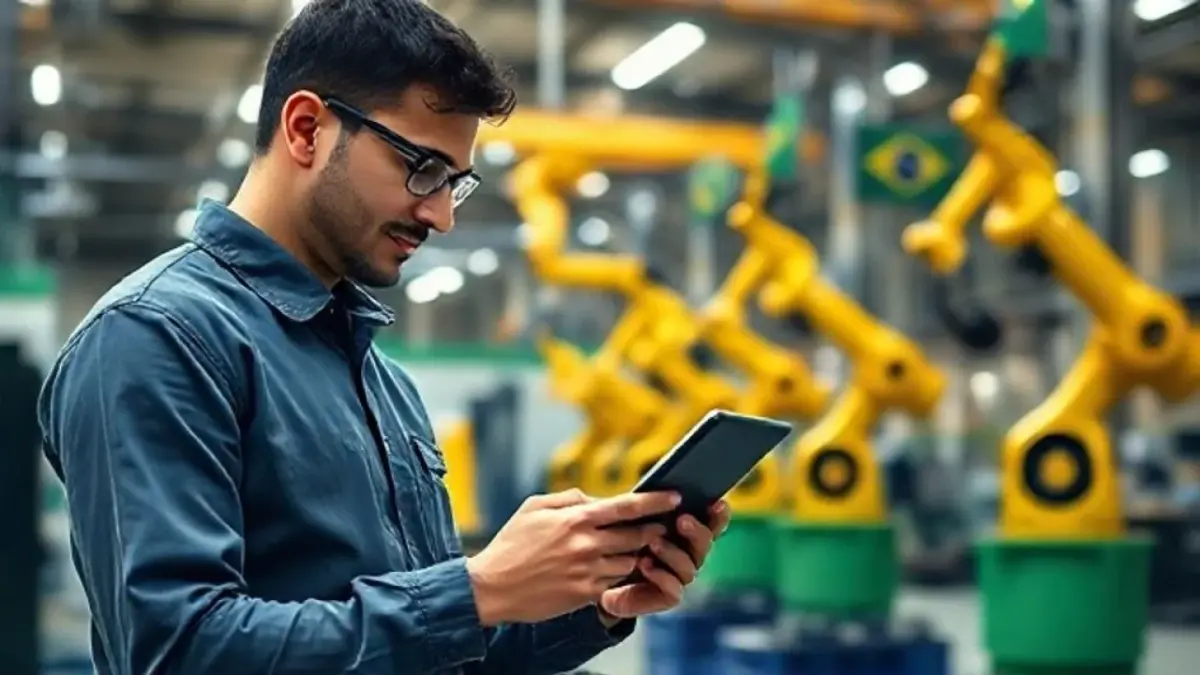 Brazilian engineer in a modern industrial setting using a tablet connected via Wi-Fi 7 to control Engenheiro brasileiro controlando robôs em fábrica com conexão Wi-Fi 7.