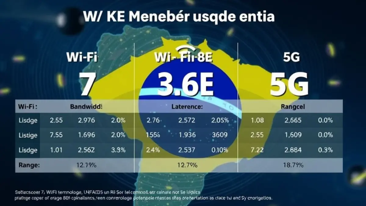 Chart comparing Wi-Fi 7, Wi-Fi 6E, and 5G technologies with key metrics like bandwidth, latency, Gráfico comparativo entre Wi-Fi 7, Wi-Fi 6E e 5G com métricas de desempenho.