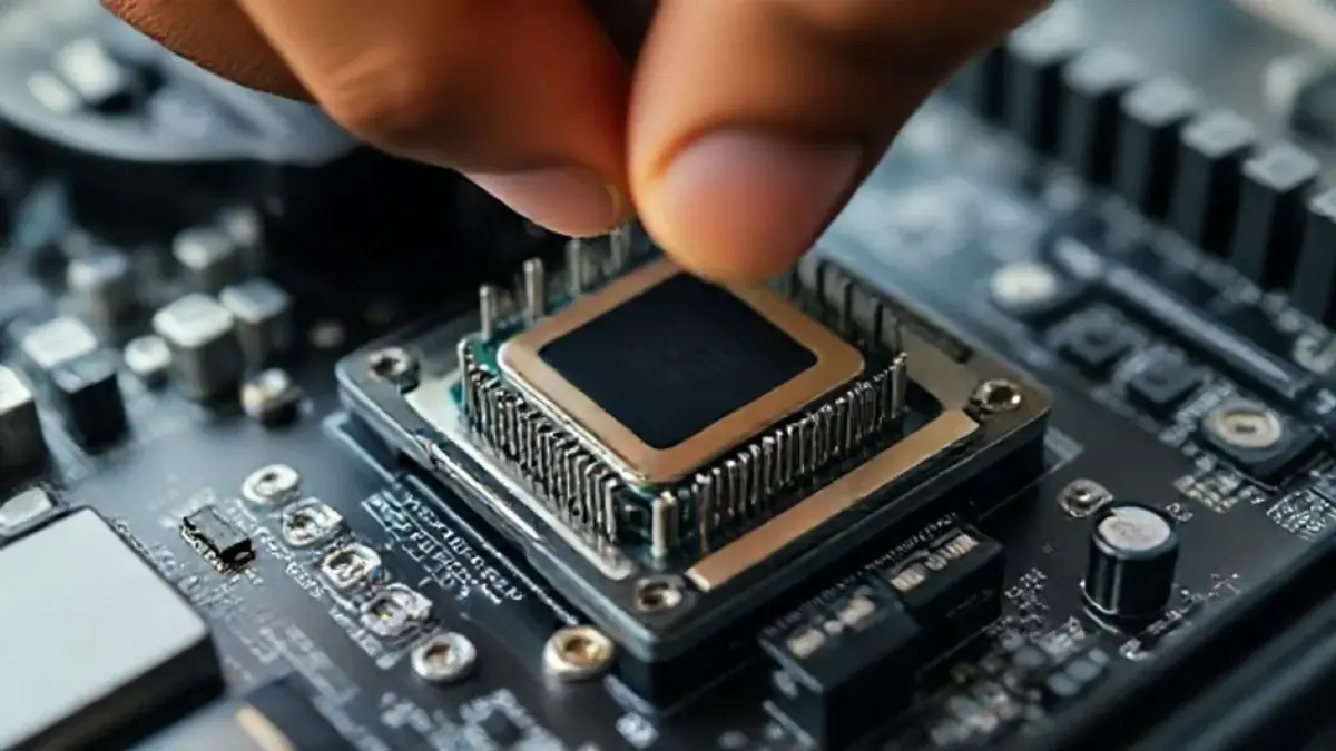 Instalando CPU no socket da placa-mãe. Processo crucial para o upgrade do PC.