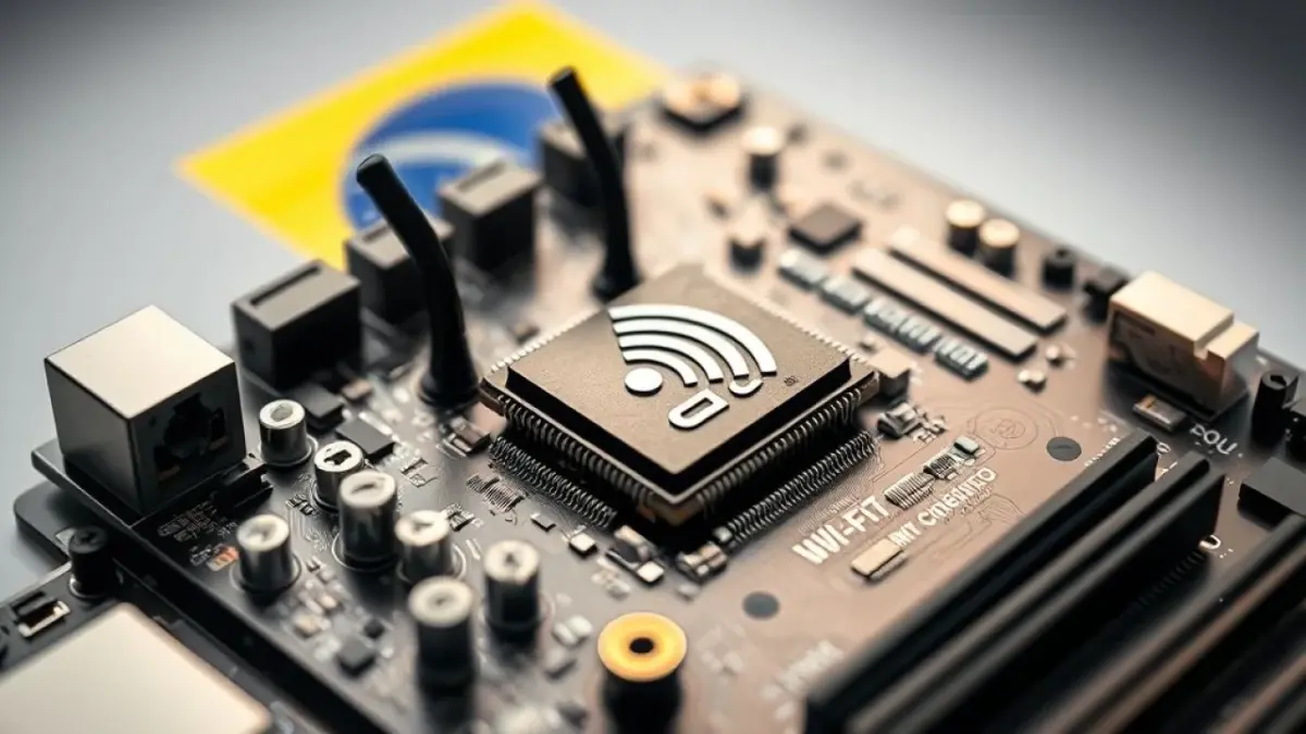 Close-up of a modern motherboard showcasing the Wi-Fi 7 chip with antennas. Professional product Placa-mãe moderna com chip Wi-Fi 7 integrado e antenas de alta performance.