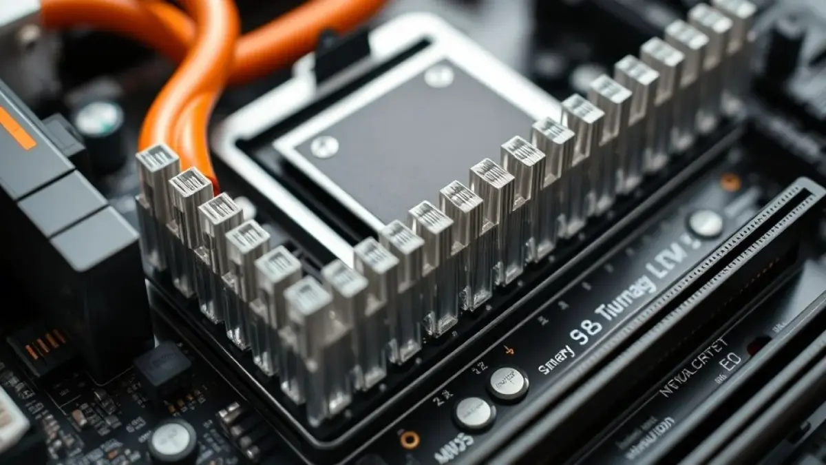 Close-up of motherboard VRM with heatpipes, professional macro photography, high resolution 8K Detalhe dos VRMs da placa-mãe, resfriamento eficiente, componentes