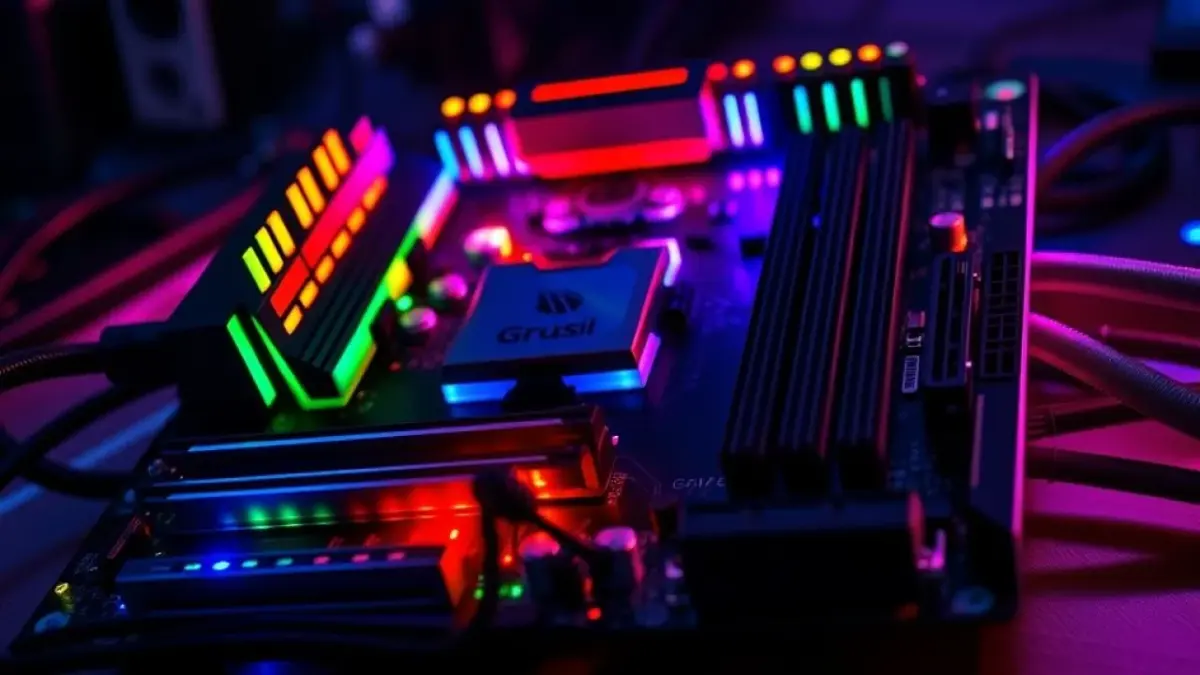 Customizable RGB lighting on a Z890 motherboard, vibrant colors, dynamic effects, professional Iluminação RGB personalizável em placa-mãe Z890, cores vibrantes