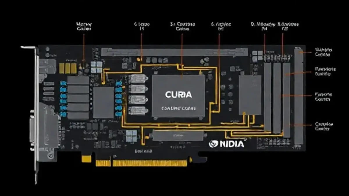 Diagrama da arquitetura interna de uma GPU com núcleos CUDA e VRAM.