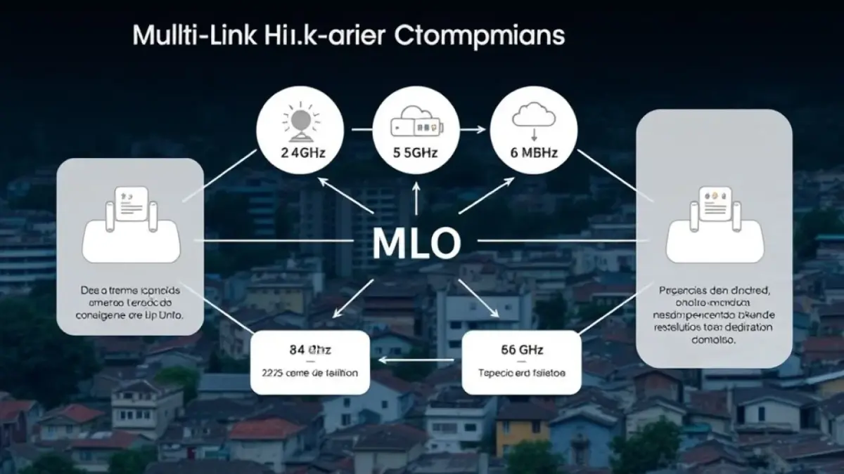Diagram illustrating Multi-Link Operation (MLO) with data streams flowing across 2.4GHz, 5GHz, and Diagrama explicativo da tecnologia Multi-Link Operation (MLO) do Wi-Fi 7.