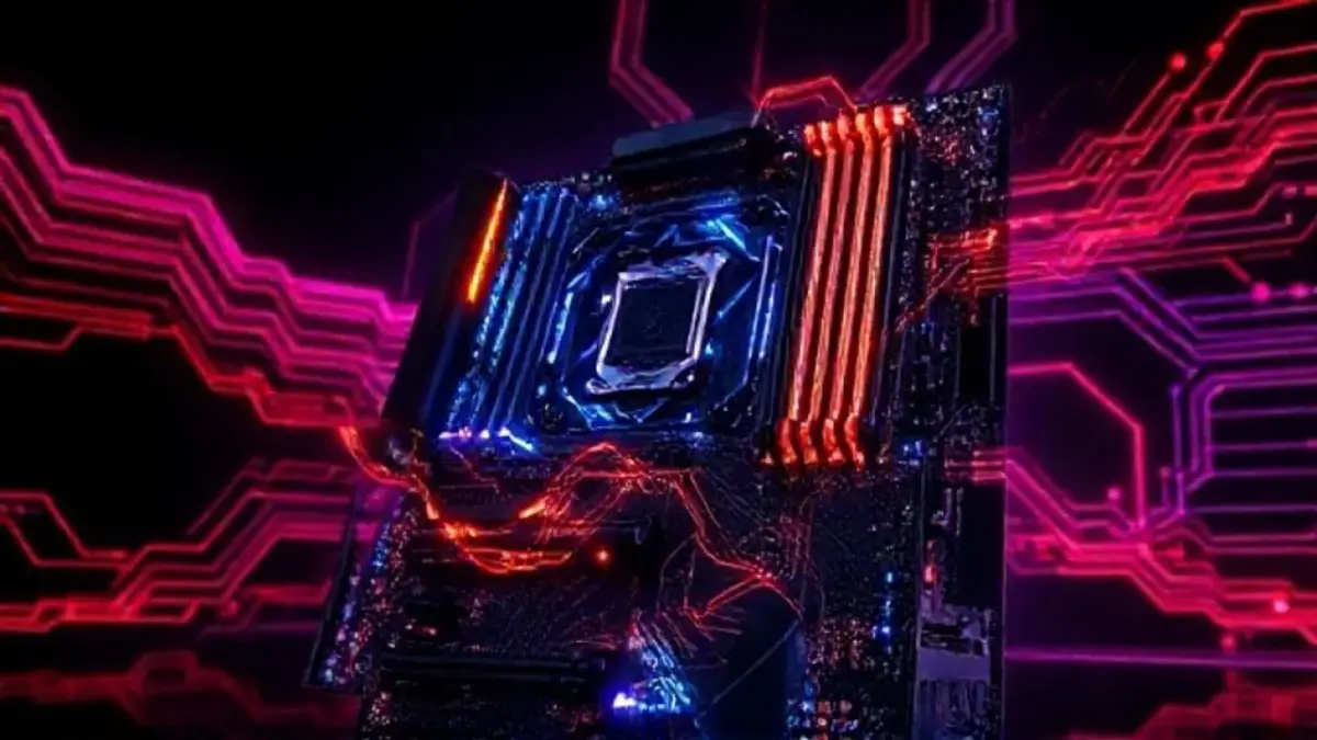 Futuristic motherboard Z890/X770, glowing circuits, abstract data streams, professional product Placa-mãe Z890/X770 futurista com PCIe 6.0, tecnologia avançada