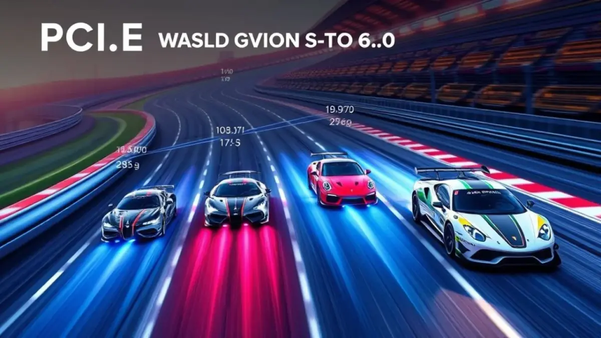 Evolução do PCIe 1.0 ao 6.0 visualizada como carros de corrida.