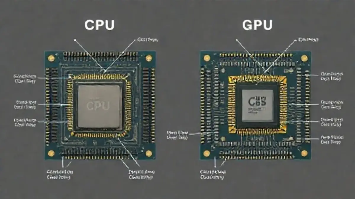 Comparação visual da arquitetura de CPU e GPU.