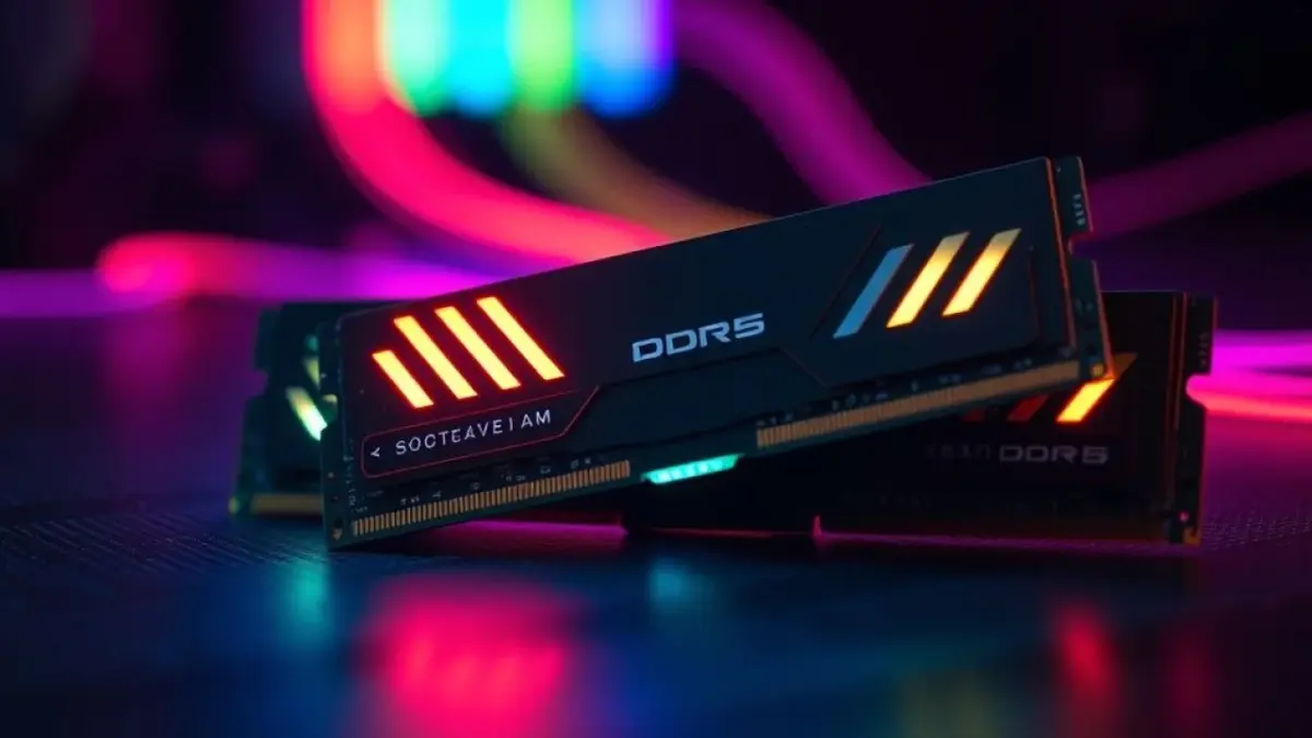 Módulos de memória RAM DDR5 de alta velocidade. Componente essencial para performance.