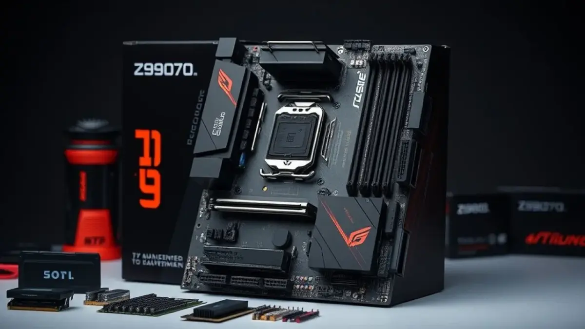 Z890/X770 motherboard box with various components around (CPU, GPU, RAM), professional commercial Caixa placa-mãe Z890/X770 com componentes PC, escolha ideal