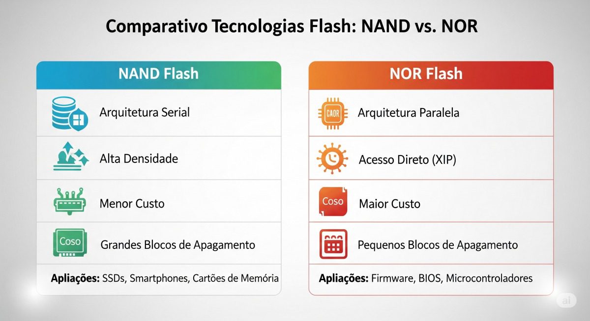 Tabela comparativa entre as tecnologias de memória flash NAND e NOR, ilustrando suas características e aplicações.