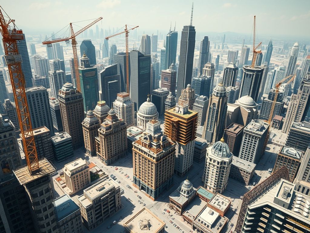 Renderização 3D de uma paisagem urbana complexa sendo construída em tempo real.