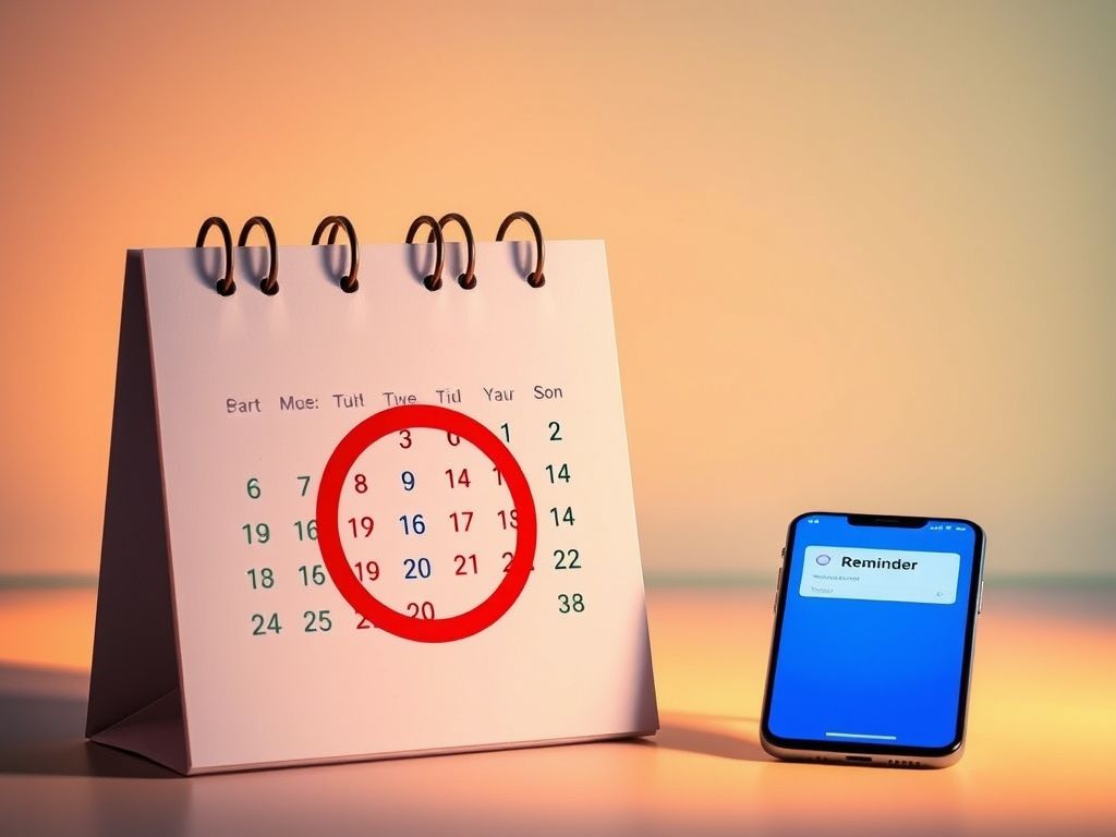 Calendário com data de recarga circulada e celular com lembrete.