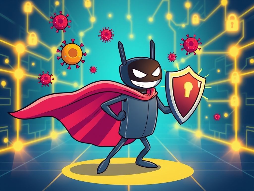 Ilustração de um roteador wireless como um super-herói, protegendo a rede contra ameaças com uma senha forte e criptografia.