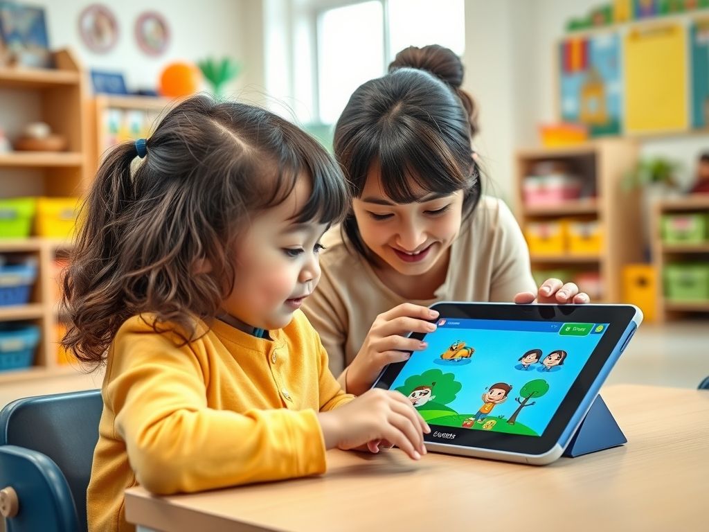 Uma criança com dificuldades de aprendizagem usando um tablet com software de aprendizado adaptativo. O software apresenta gráficos coloridos e exercícios interativos. Um professor está auxiliando a criança com uma atitude de apoio e encorajamento.