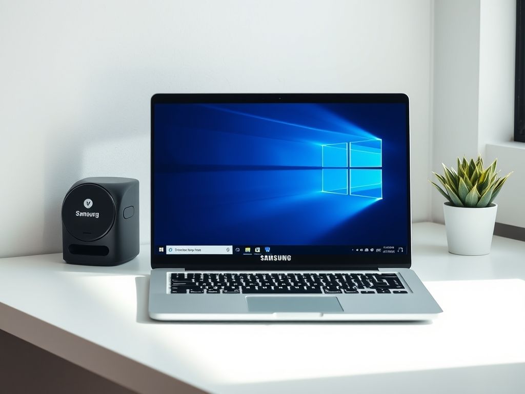 Um notebook Samsung limpo e moderno com uma nova instalação do Windows e um antivírus instalado.