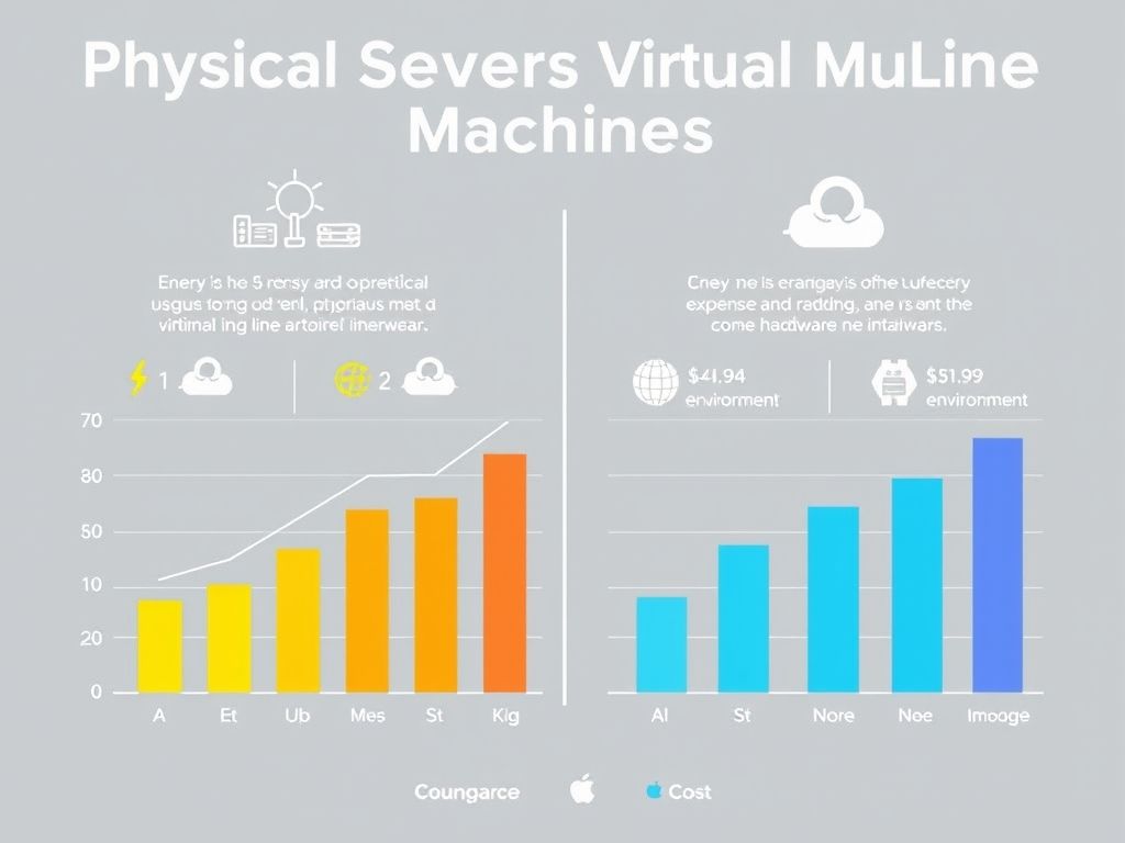 Infográfico comparando o custo e uso de recursos de servidores físicos versus máquinas virtuais.