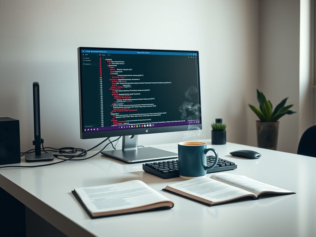 Ambiente de trabalho moderno com Neovim em execução, teclado mecânico, café e caderno.