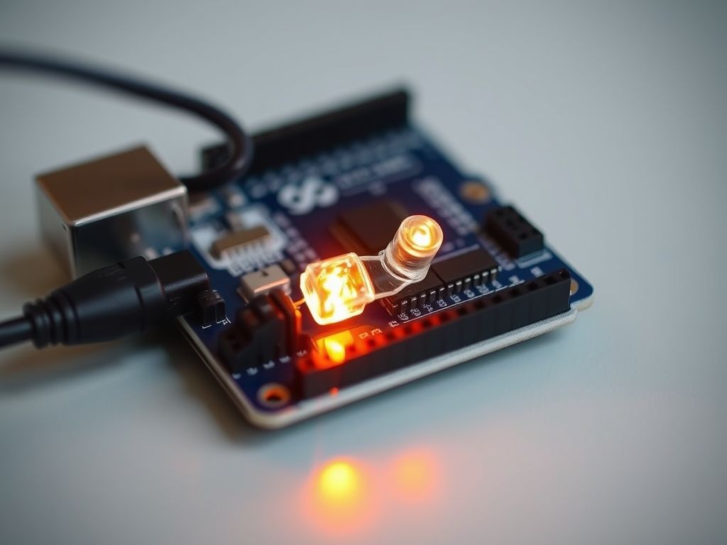 Fotografia de uma placa Arduino com um LED piscando, demonstrando um projeto simples de sistema embarcado.