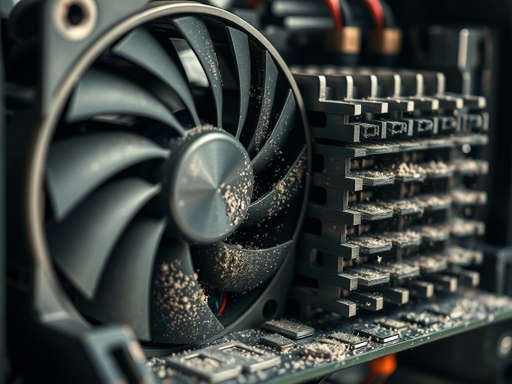 Imagem em close-up dos componentes internos de um inversor de frequência, mostrando o ventilador de resfriamento e o dissipador de calor com acúmulo de poeira.