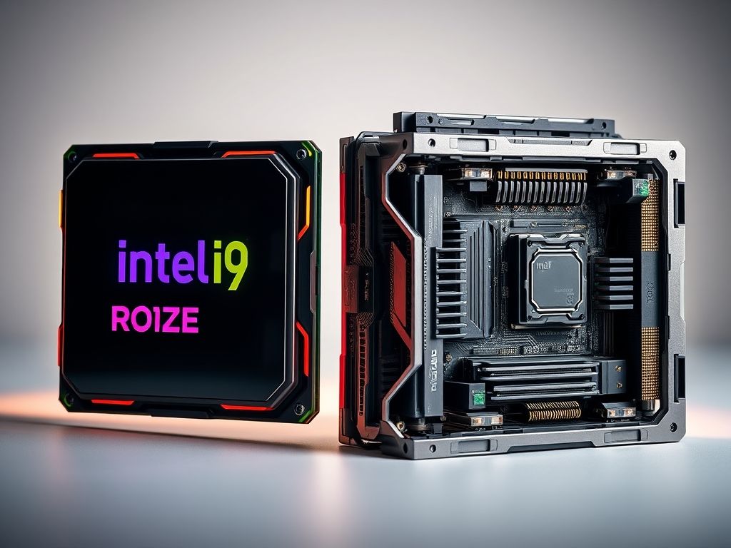 Close-up comparando um processador Intel Core i9 (ou AMD Ryzen 9) para jogos e um Intel Xeon (ou AMD Threadripper) para workstation.
