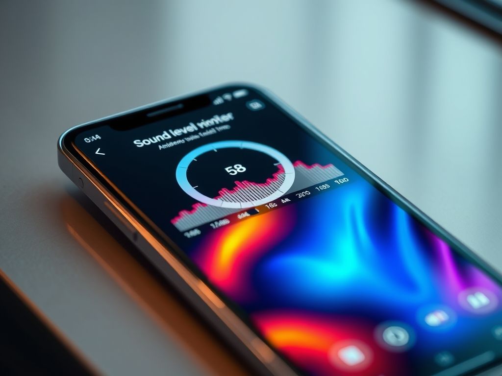 Imagem de um smartphone exibindo um aplicativo de medição de decibéis, mostrando a leitura em tempo real e um gráfico da intensidade sonora em uma rua movimentada.