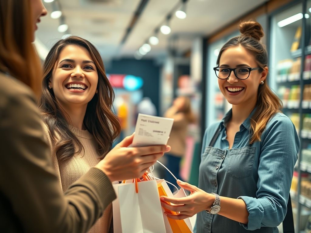 Cliente sorrindo ao receber um atendimento excelente em uma loja, simbolizando a importância do atendimento ao cliente no marketing boca a boca.