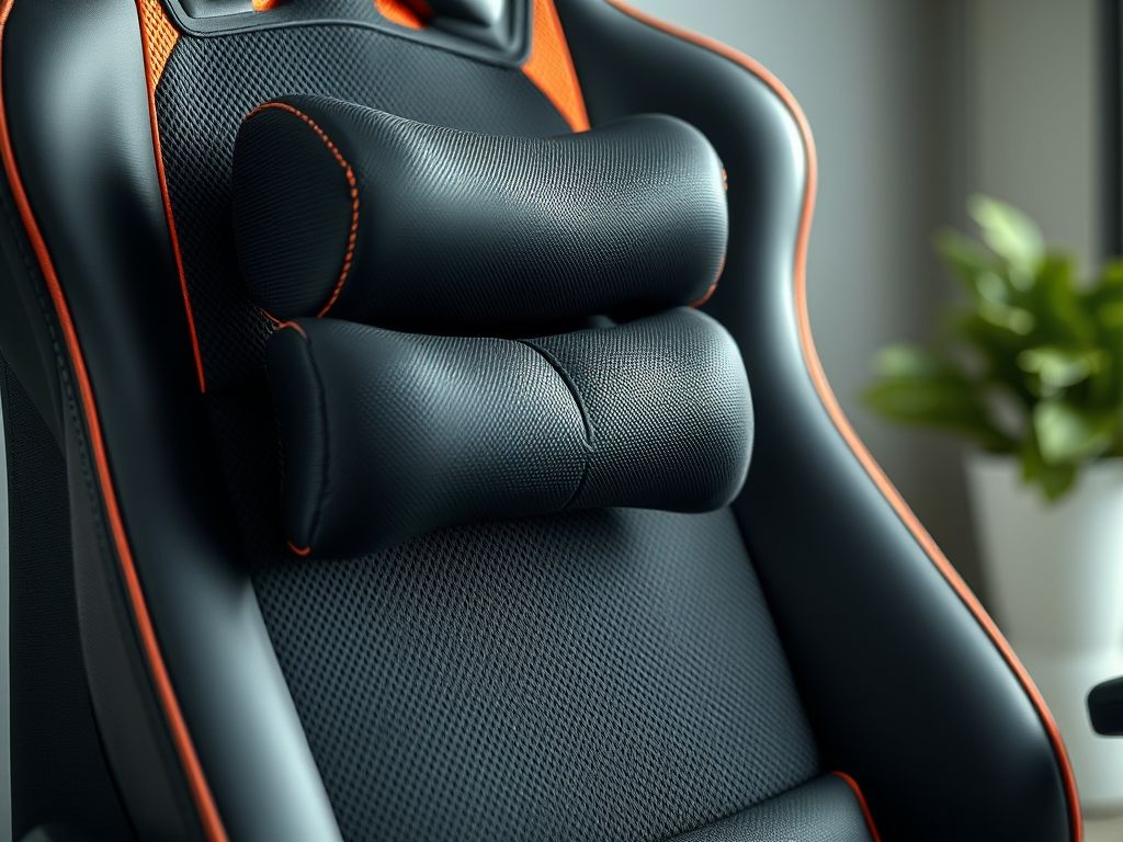 Uma cadeira gamer ergonômica com suporte lombar ajustável, apoio de cabeça e braços, estofada em tecido respirável.