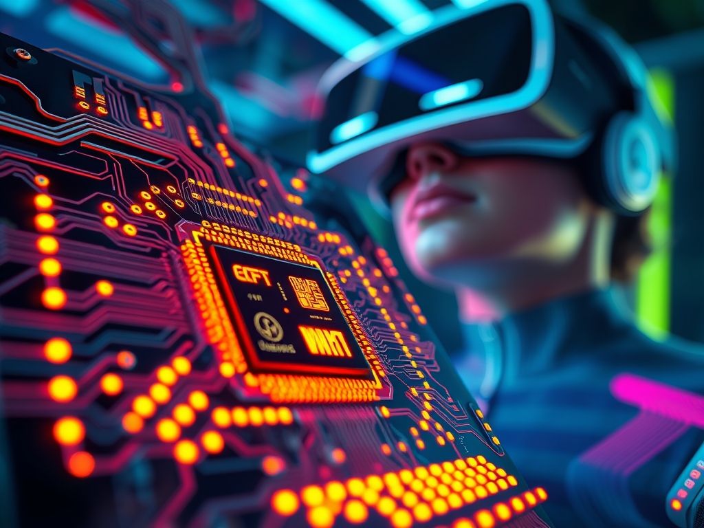 Ilustração de um chip de processador com circuitos brilhantes, representando o poder de processamento necessário para a realidade virtual.