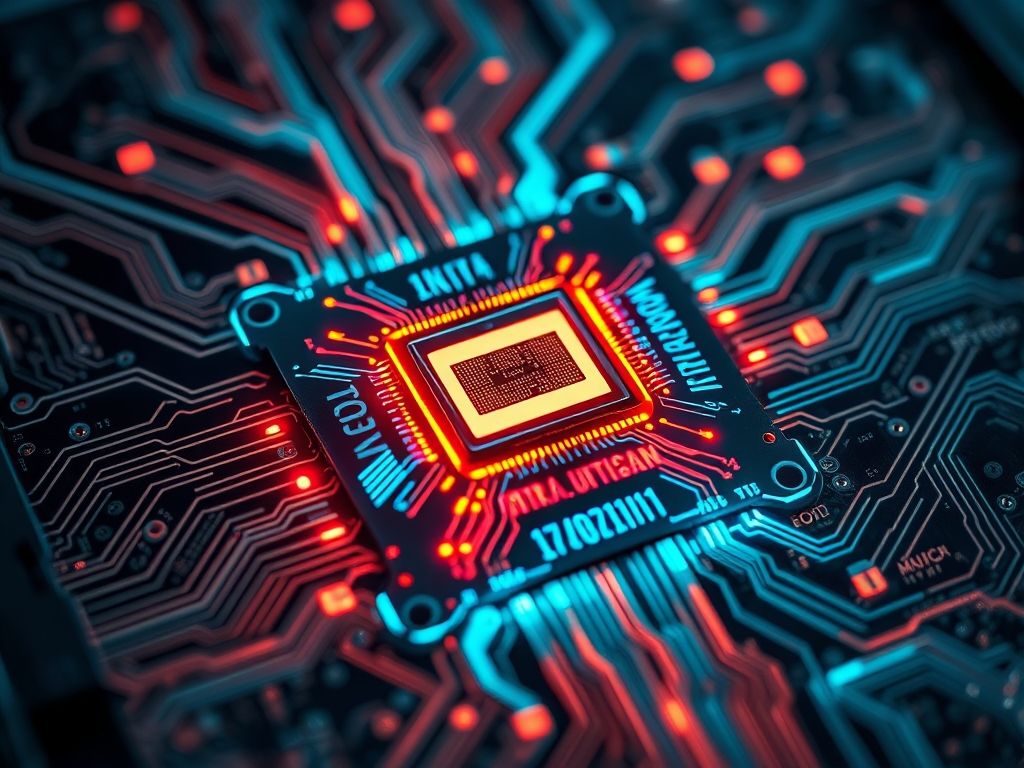 Ilustração de um processador de computador com circuitos brilhantes e fluxos de dados.