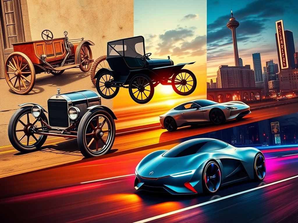 Colagem ilustrando a evolução do automóvel ao longo da história, desde o Benz Patent-Motorwagen até os carros elétricos modernos.